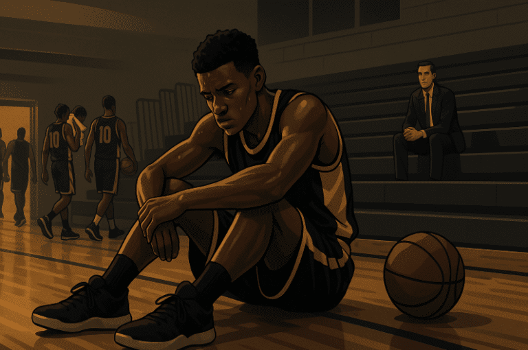 High school basketball player walking out of gym at night with college recruiter in background, representing the pressure and reality of D1 dreams.